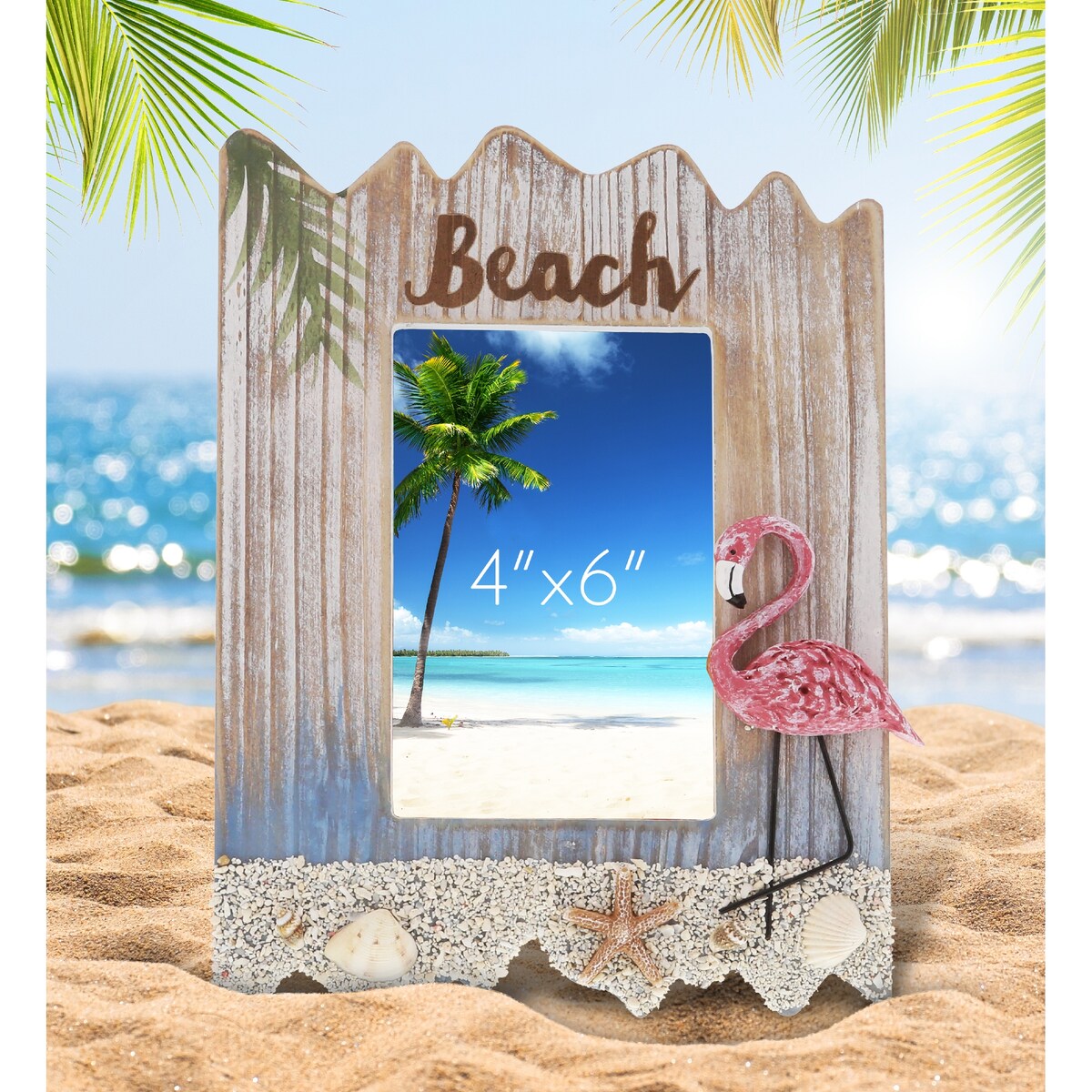 CoTa Global Flamingo Beach 4x6 Frame - White Distressed Wood Seashell - 10 x 7.75 x 1 inches