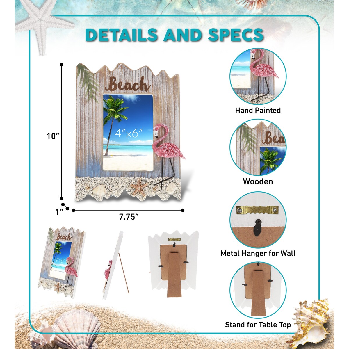 CoTa Global Flamingo Beach 4x6 Frame - White Distressed Wood Seashell - 10 x 7.75 x 1 inches