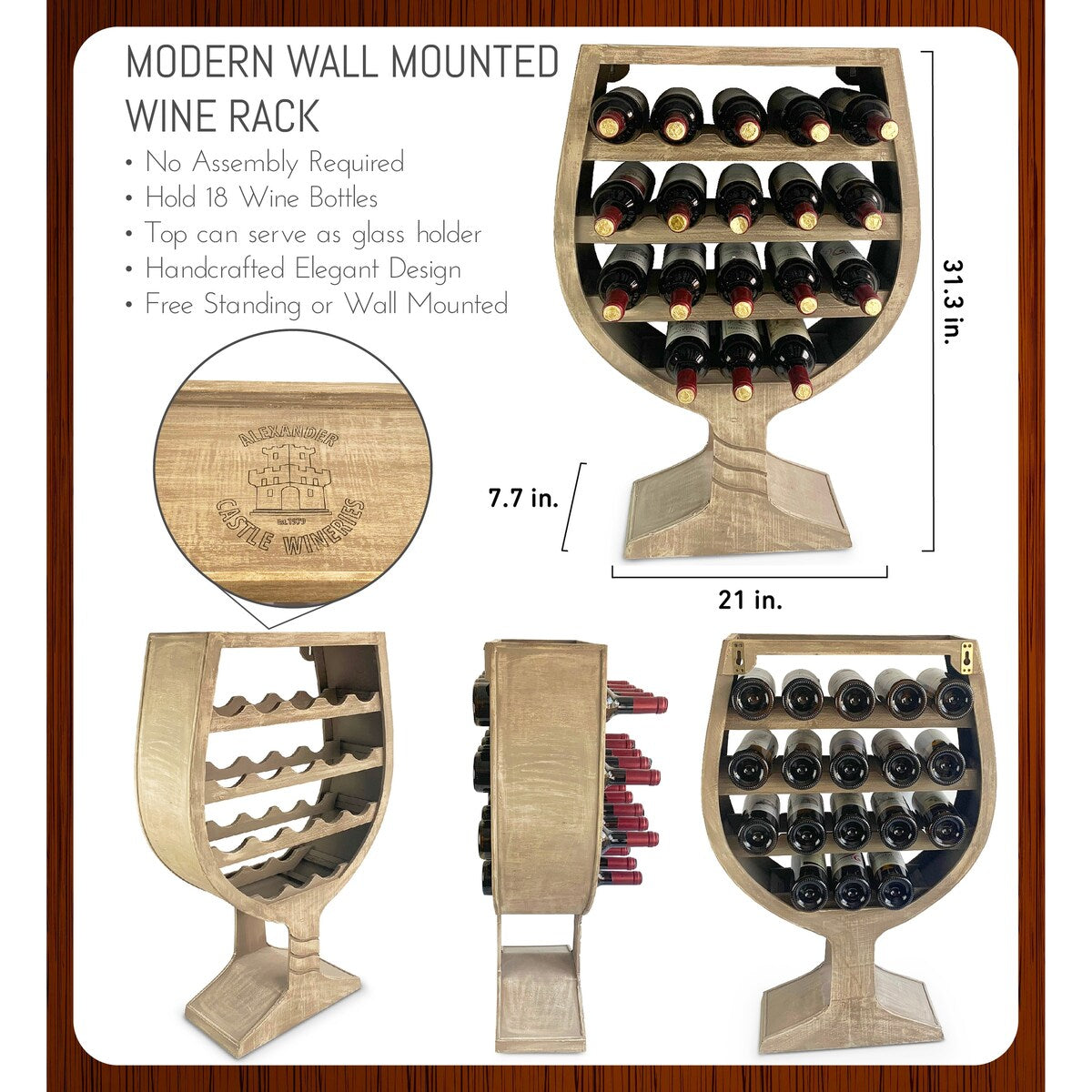 CoTa Global Modern Wine Glass Shaped Wall Mounted Wine Rack - 21 x 7.7 x 31.3 inches