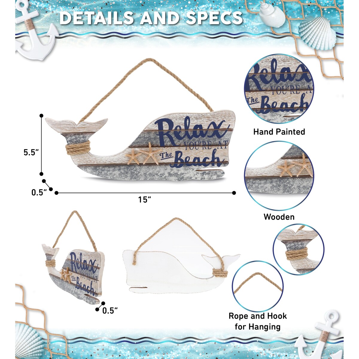 CoTa Global Silver Sea Whale Wall Hanging Relax Sign - Handmade - 15″Lx5.5″Wx0.5″H