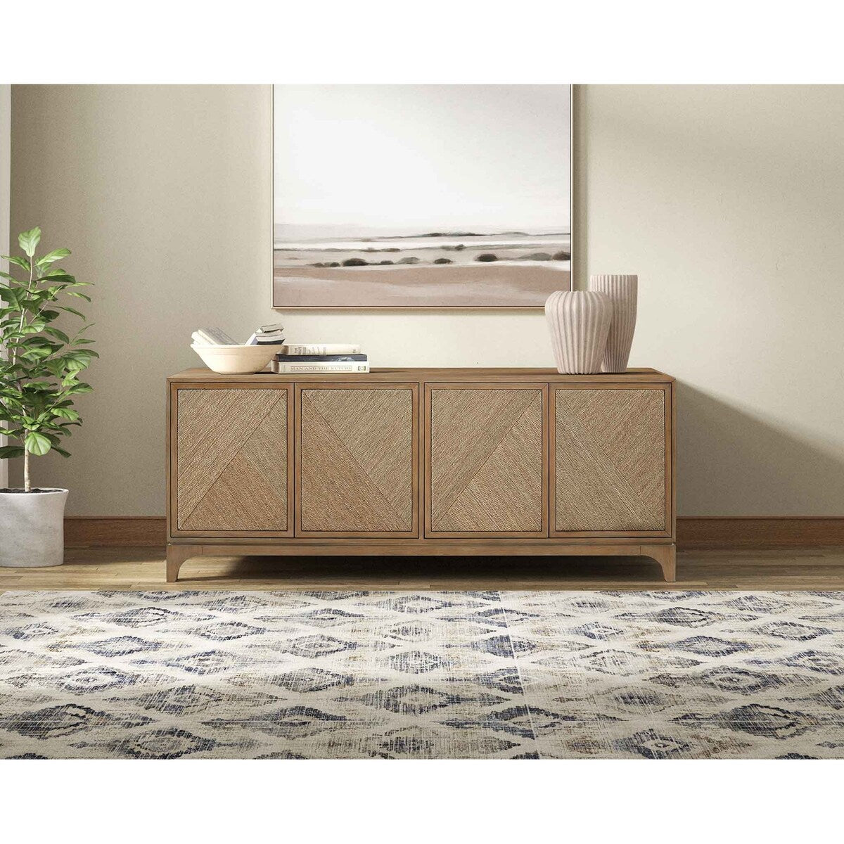 Coastal Style 80 TV Console Entertainment Stand Light Wood Accent C