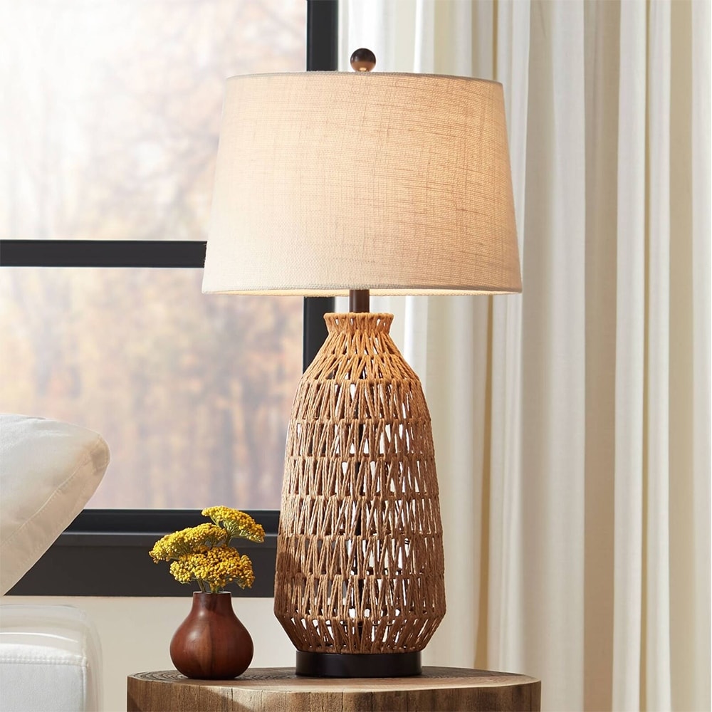 Coastal Table Lamp Natural Rattan Wicker Fabric Shade - 15" x 29"