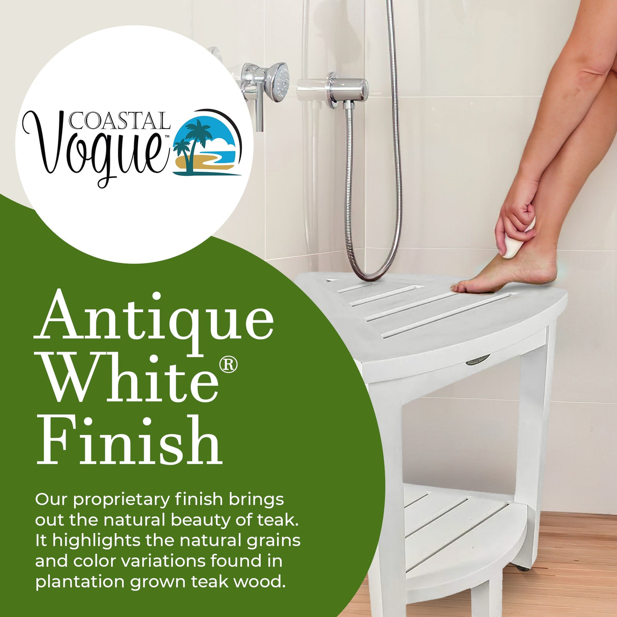 CoastalVogue Compact Solid Teak Corner Shower & Shaving Bench- Coastal DriftWood Finish