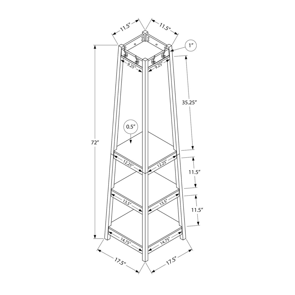 Coat Rack - 72" High - Corner With 3 Shelves