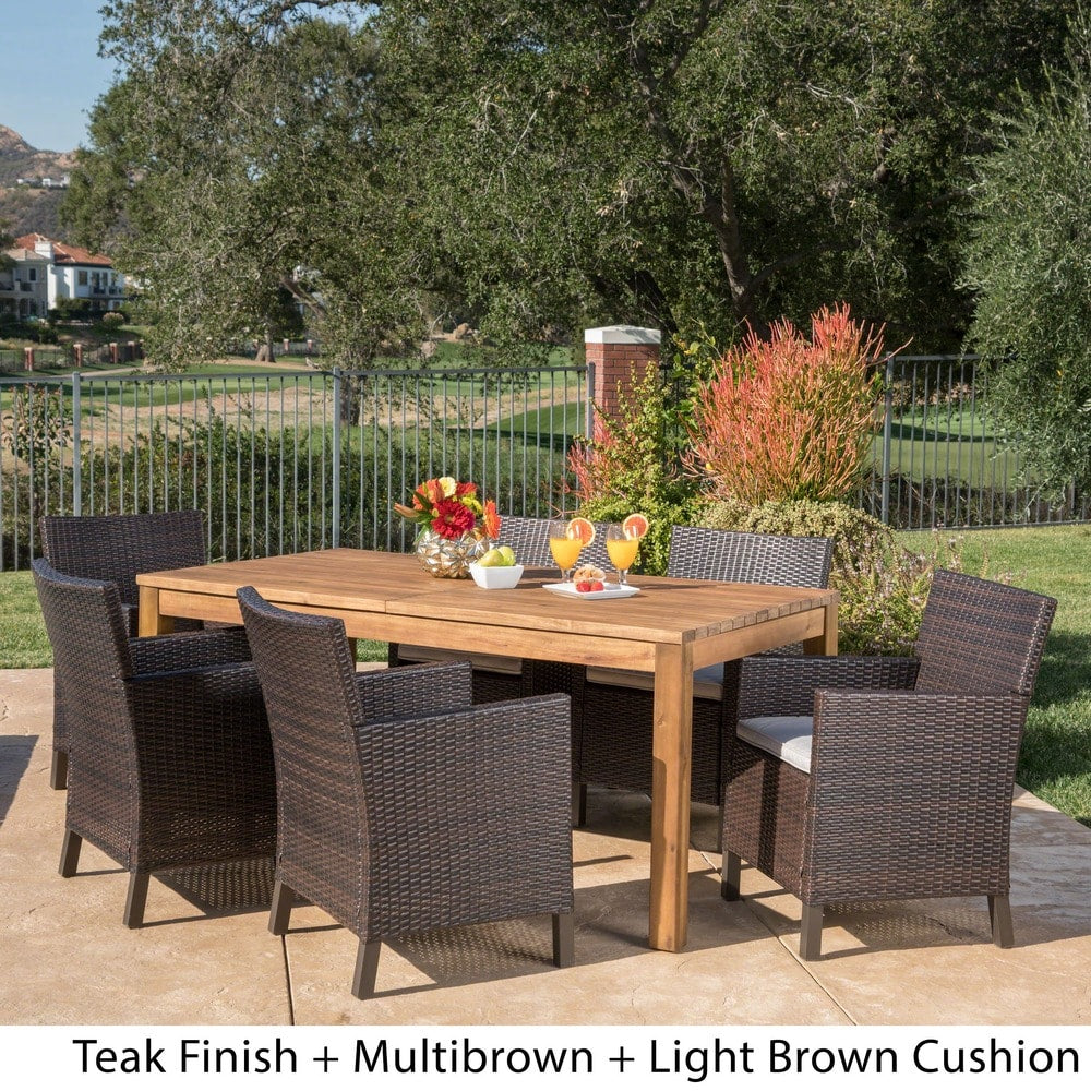 Cobalt Outdoor Wicker Wood Expandable Rectangle Dining Set with Cushions by Christopher Knight Home