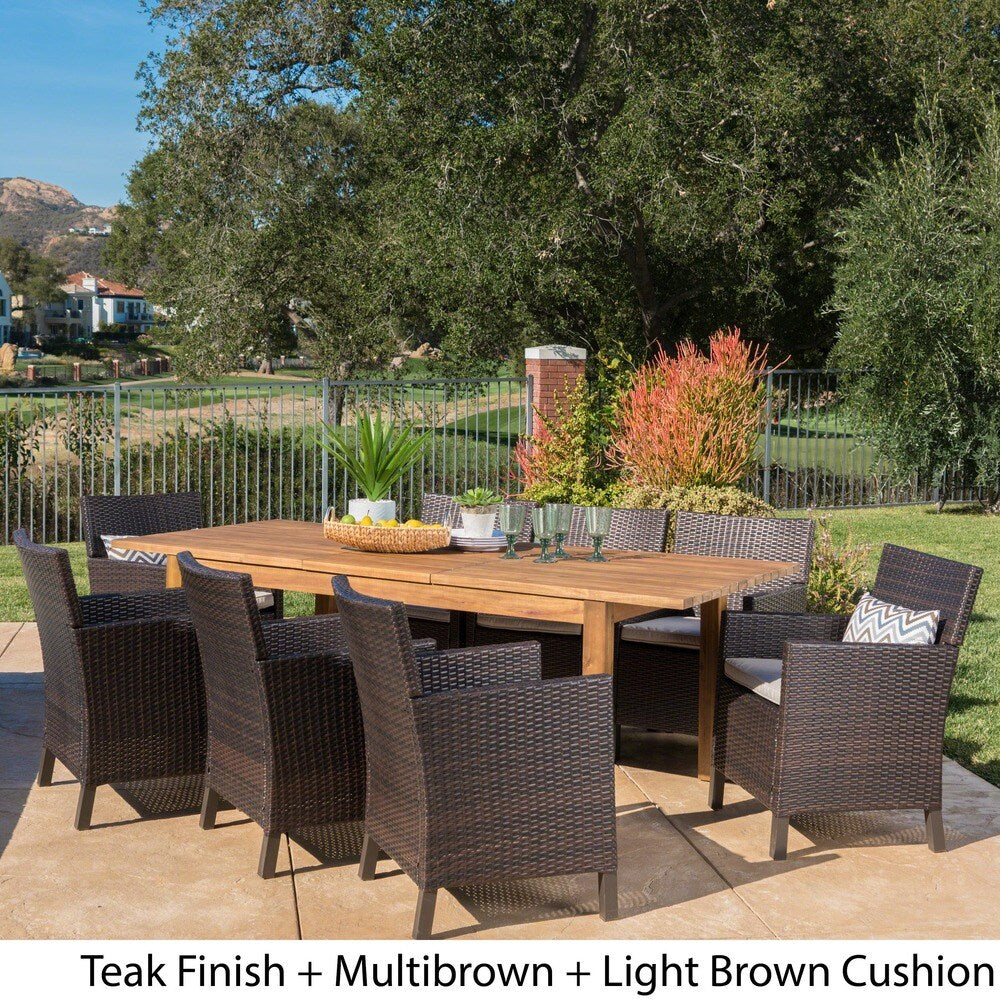 Cobalt Outdoor Wicker Wood Expandable Rectangle Dining Set with Cushions by Christopher Knight Home