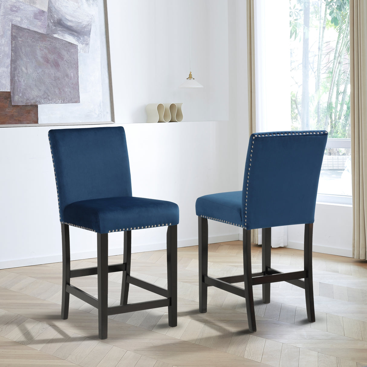 Roundhill Furniture Cobre Contemporary Velvet Counter Stool with Nailhead Trim, Set of 2
