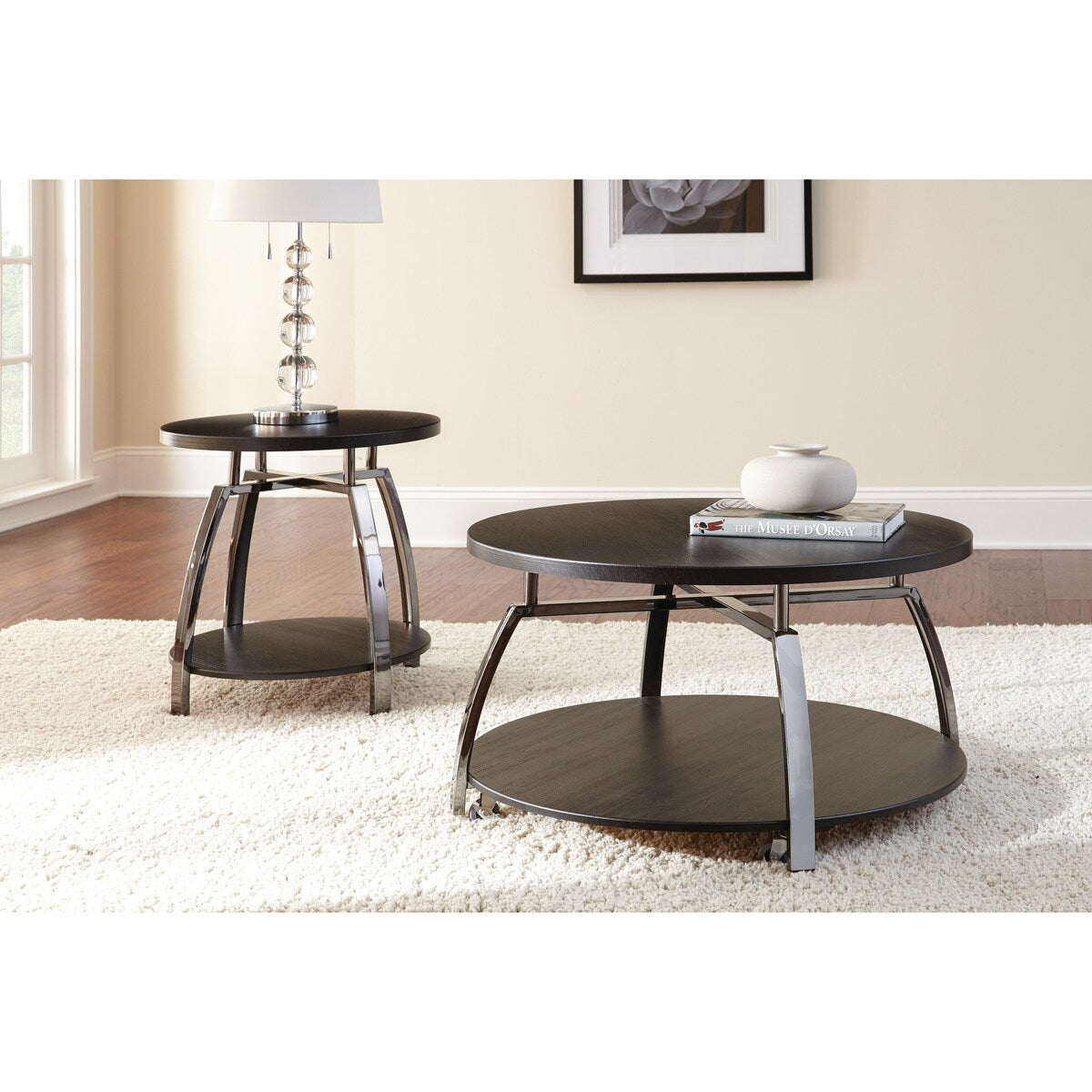 Cocktail Table with Casters,Soft Round Shapes,Silvershield Laminate Tops,Black Nickel Base,Aggressive Profile