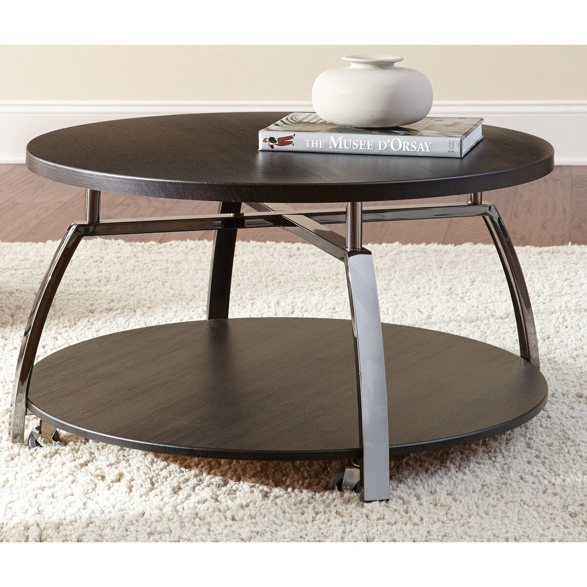 Cocktail Table with Casters,Soft Round Shapes,Silvershield Laminate Tops,Black Nickel Base,Aggressive Profile
