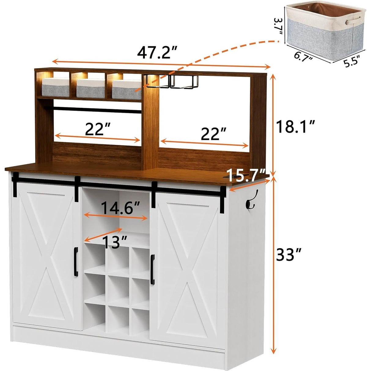 Coffee Bar Cabinet, 47'' Sideboard Buffet Cabinet with 20-color LED Lights and 6.5FT Outlet