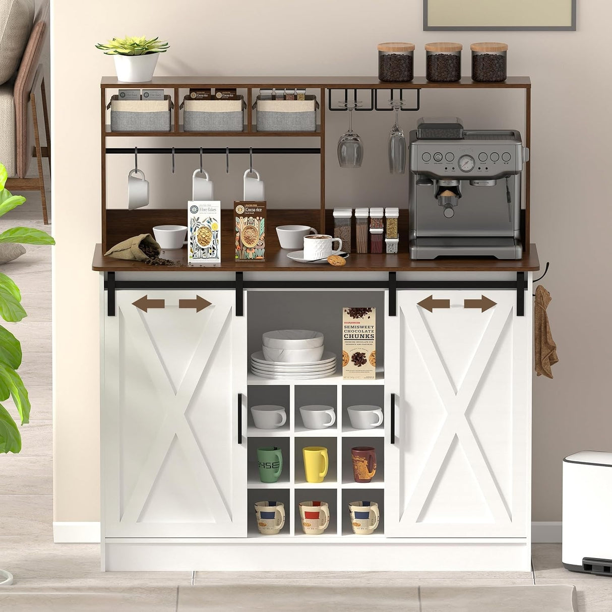 Coffee Bar Cabinet, 47'' Sideboard Buffet Cabinet with 20-color LED Lights and 6.5FT Outlet