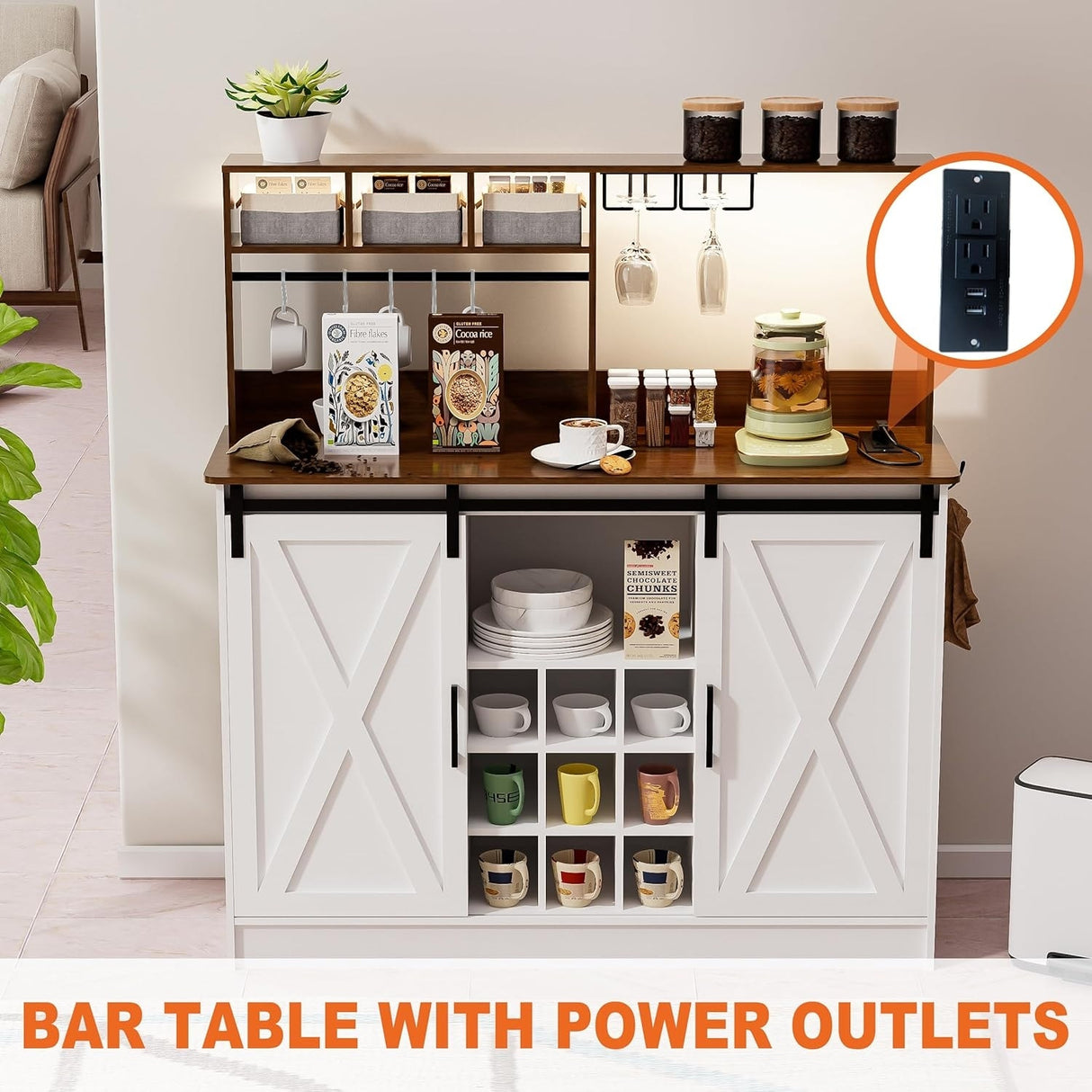 Coffee Bar Cabinet, 47'' Sideboard Buffet Cabinet with 20-color LED Lights and 6.5FT Outlet