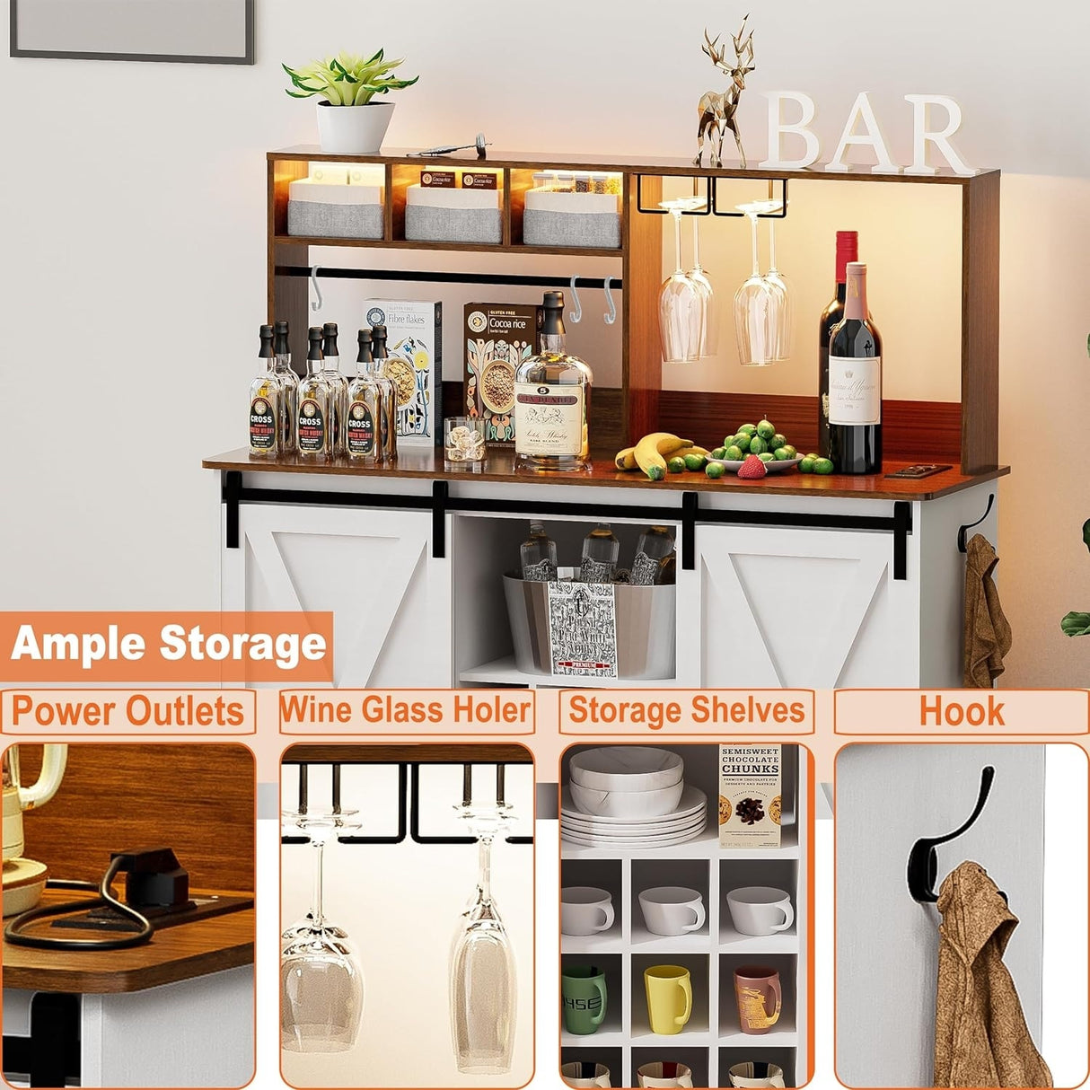 Coffee Bar Cabinet, 47'' Sideboard Buffet Cabinet with 20-color LED Lights and 6.5FT Outlet