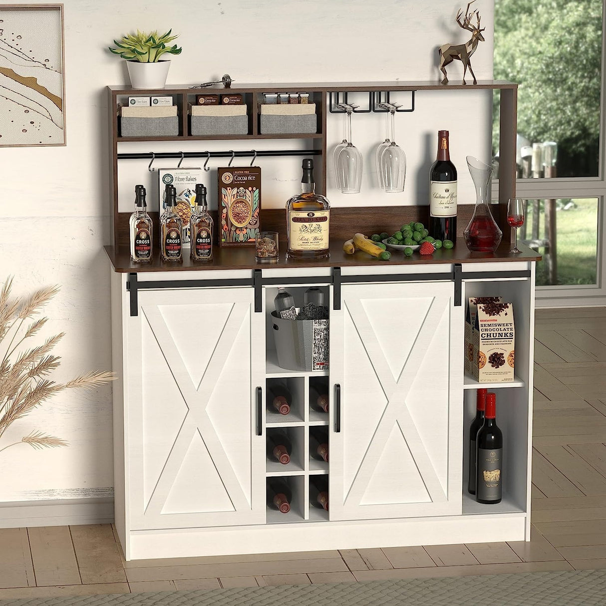 Coffee Bar Cabinet, 47'' Sideboard Buffet Cabinet with 20-color LED Lights and 6.5FT Outlet