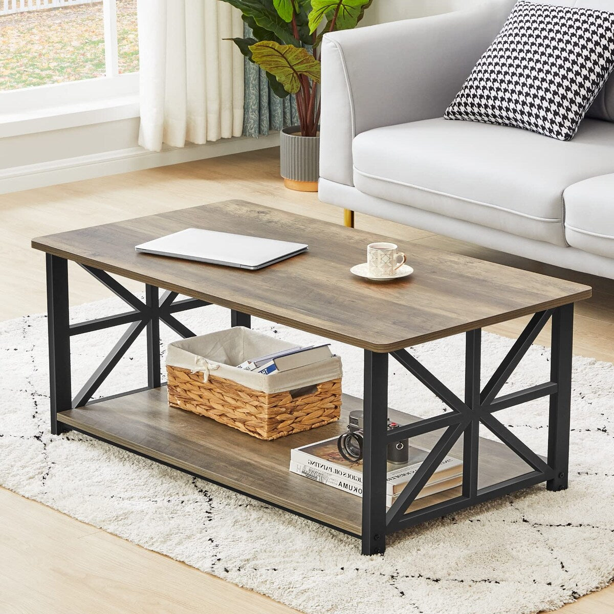 Coffee Table for Living Room with Round Corners Farmhouse Style Center Table with Storage Shelf 39 In Space Saving Easy Assembly