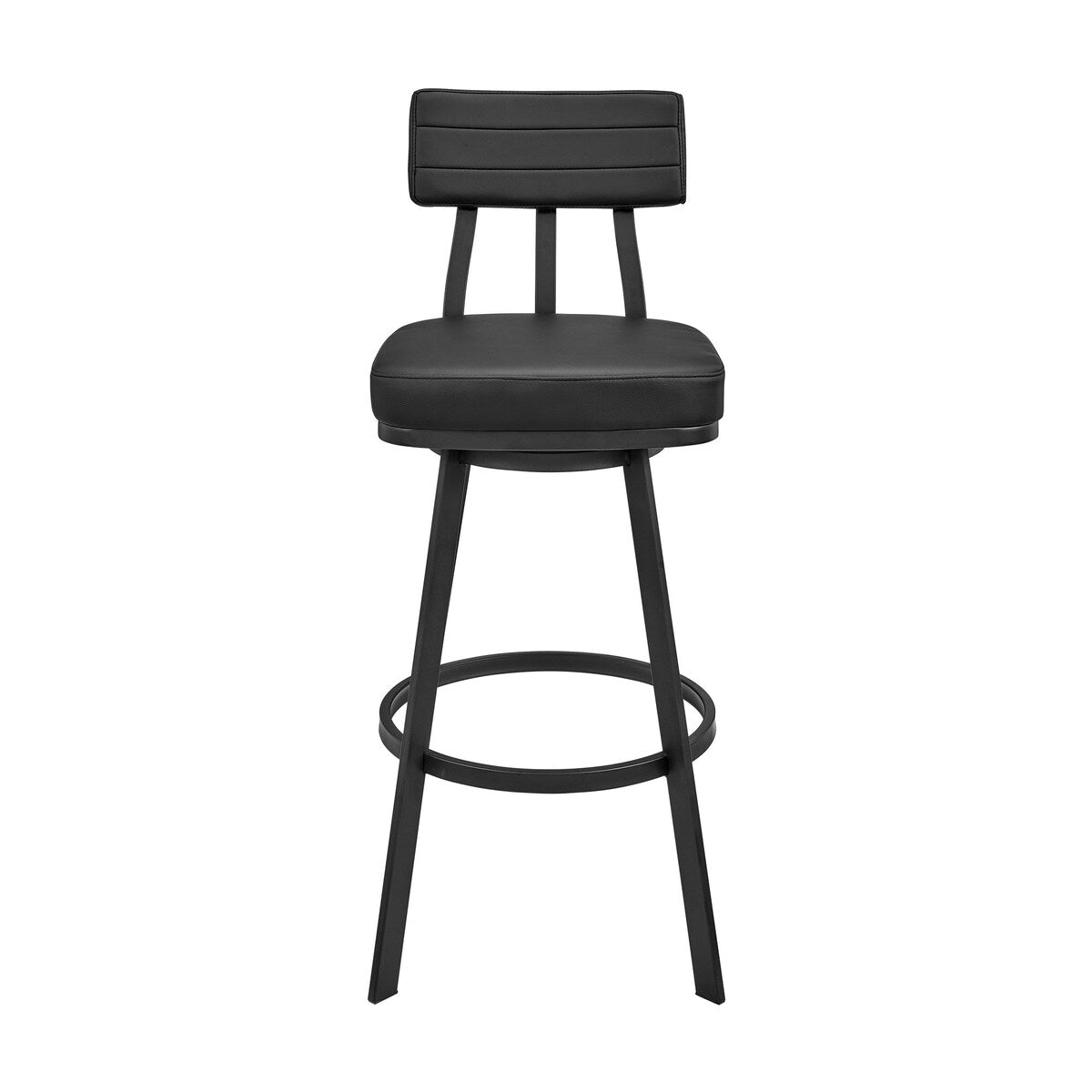 Col 26 Inch Swivel Counter Stool, Black Faux Leather, Angled Iron Frame