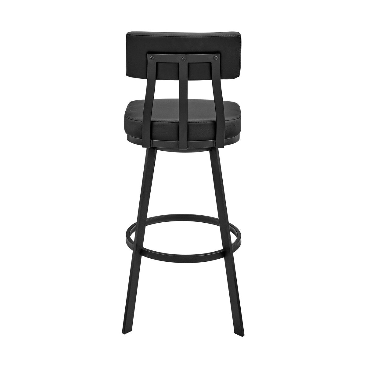 Col 26 Inch Swivel Counter Stool, Black Faux Leather, Angled Iron Frame