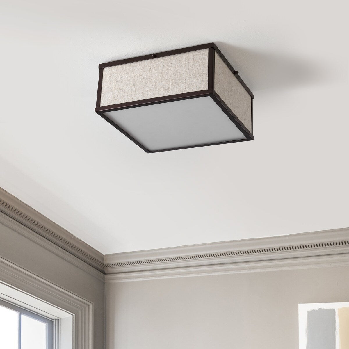 Cole 14.13" 2-Light Minimalist Industrial Square Linen Iron LED Flush Mount, Oil Rubbed Bronze/Beige, by JONATHAN Y
