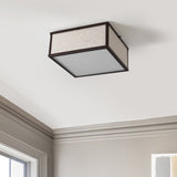 Cole 14.13" 2-Light Minimalist Industrial Square Linen Iron LED Flush Mount, Oil Rubbed Bronze/Beige, by JONATHAN Y