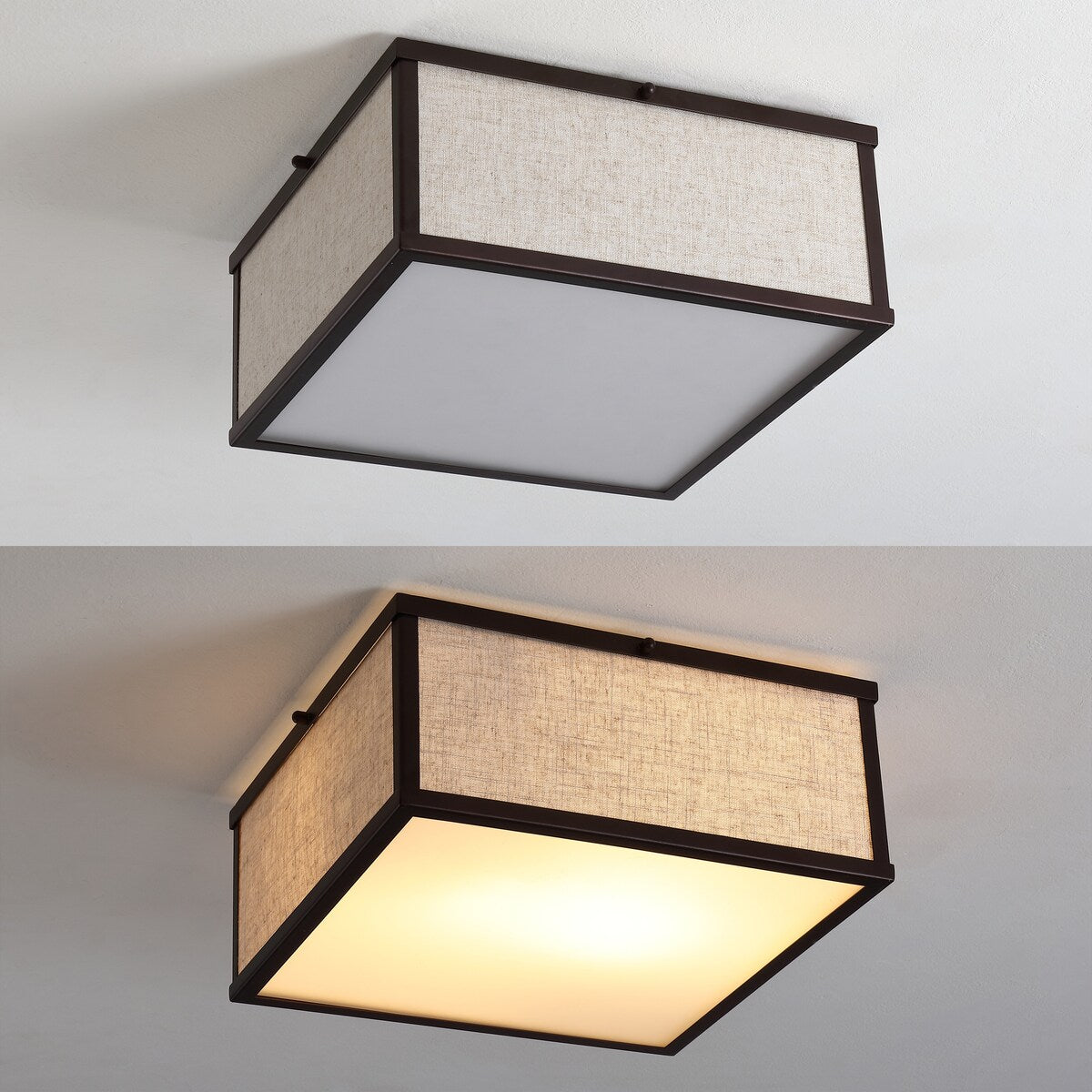 Cole 14.13" 2-Light Minimalist Industrial Square Linen Iron LED Flush Mount, Oil Rubbed Bronze/Beige, by JONATHAN Y