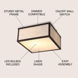 Cole 14.13" 2-Light Minimalist Industrial Square Linen Iron LED Flush Mount, Oil Rubbed Bronze/Beige, by JONATHAN Y