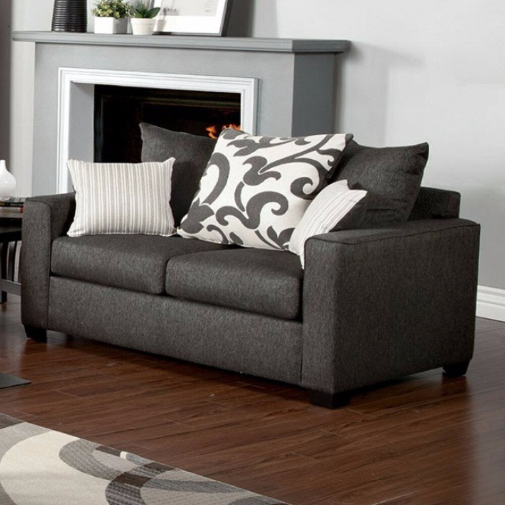 Fabric Upholstered Wooden Loveseat with Tapered Legs, Charcoal Gray