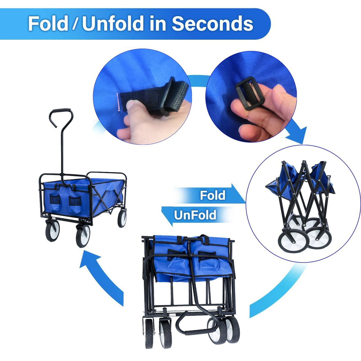 Folding Wagon Cart Collapsible Utility Camping Grocery Canvas Portable - 40.5"L X 21.26"D X 46.46"H