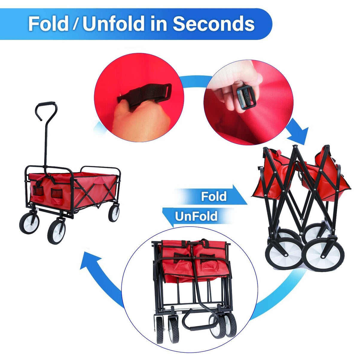 Folding Wagon Cart Collapsible Utility Camping Grocery Canvas Portable - 40.5"L X 21.26"D X 46.46"H
