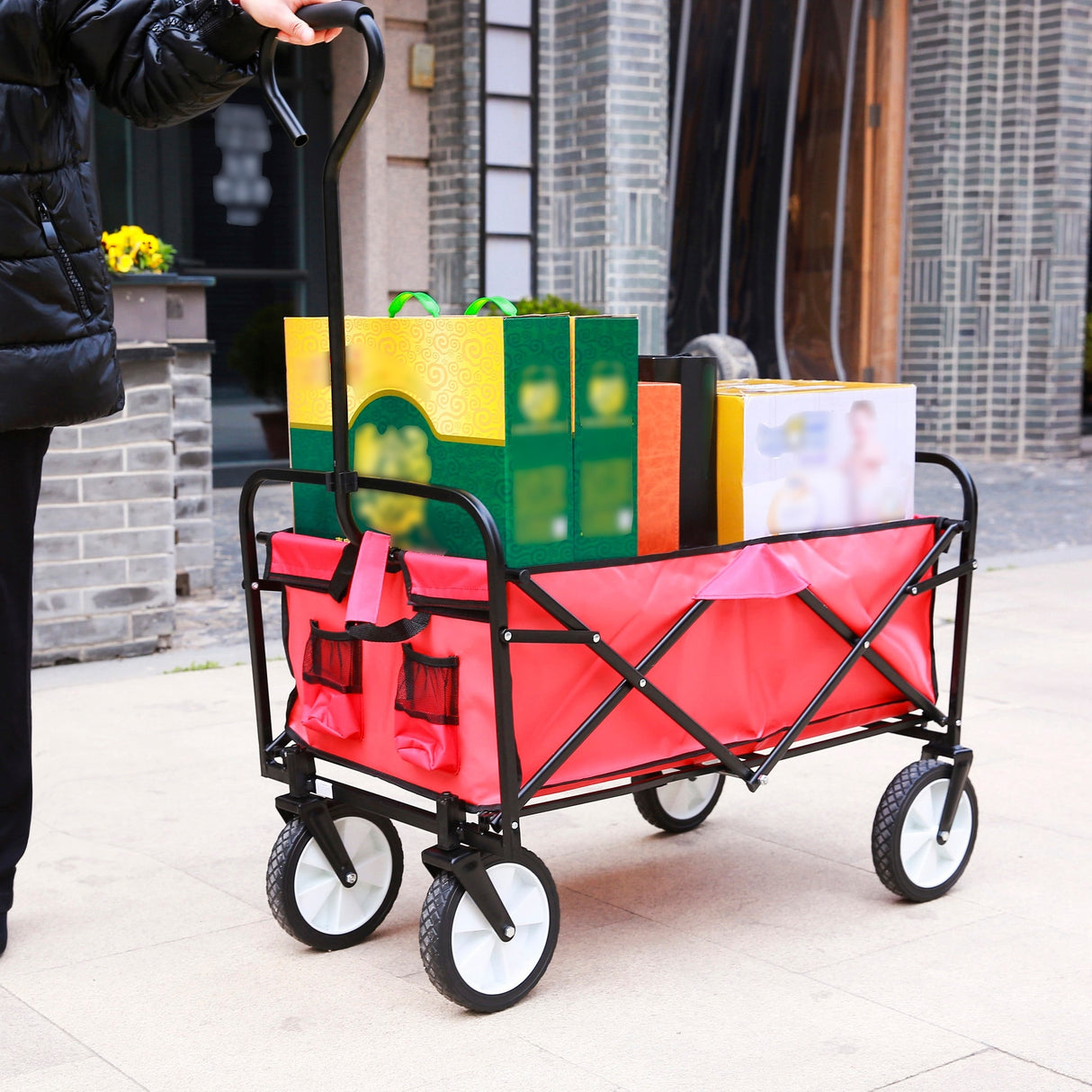 Folding Wagon Cart Collapsible Utility Camping Grocery Canvas Portable - 40.5"L X 21.26"D X 46.46"H