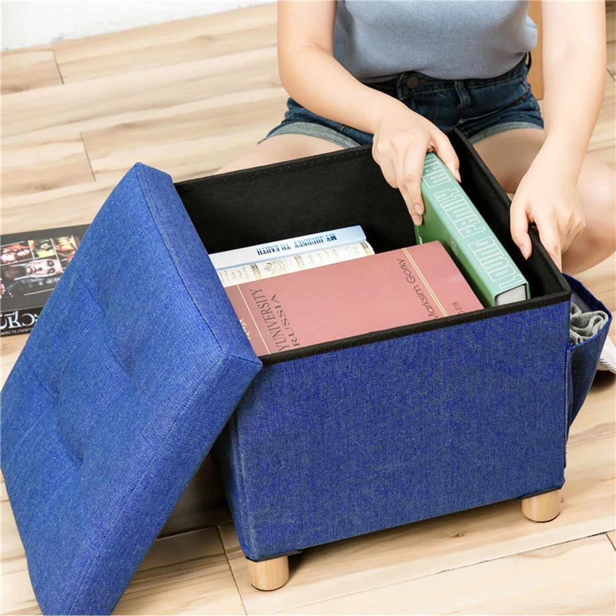 Collapsible Storage Stools,Foot Stool,Comfortable Seat,With Wooden Feet And Lid