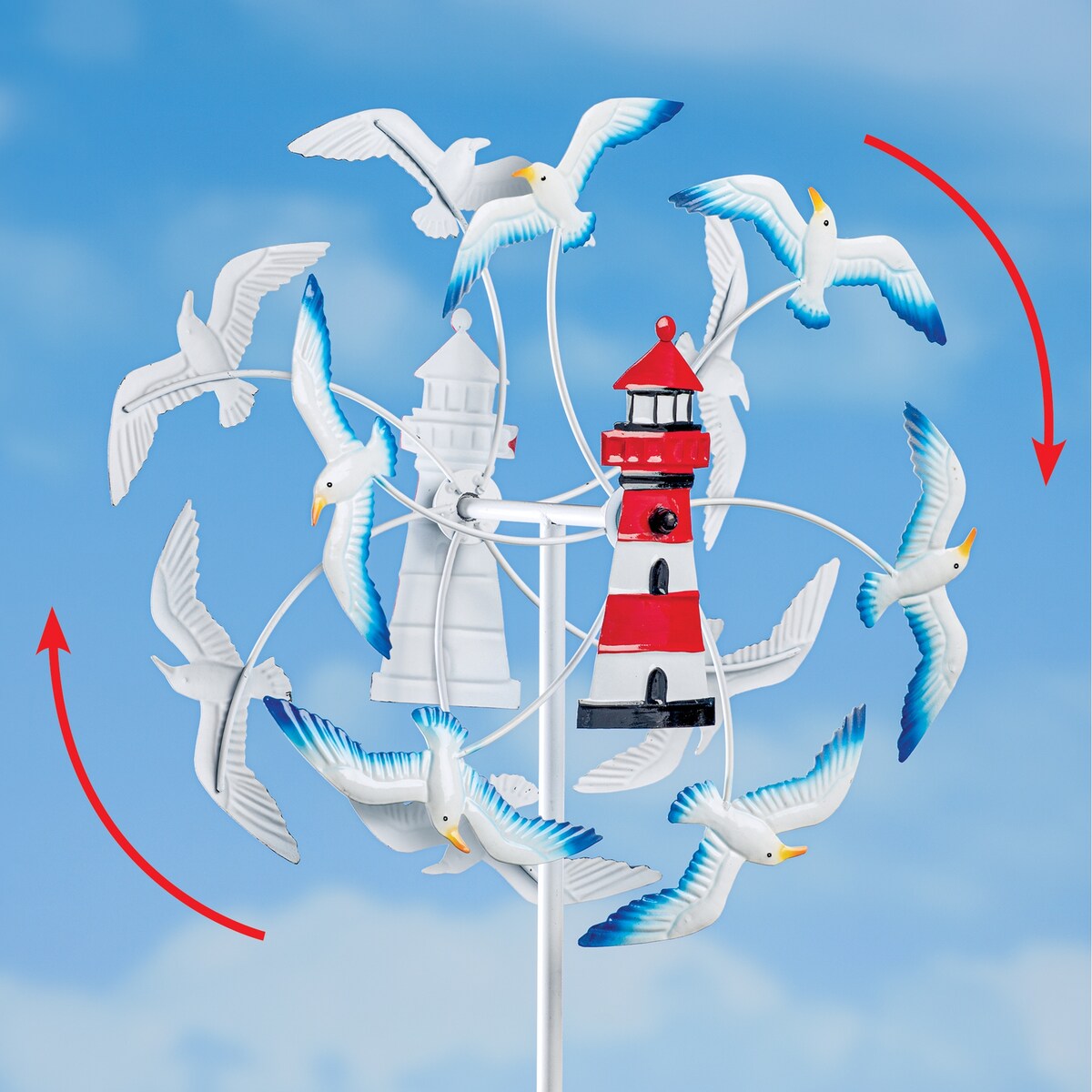 Hand-Painted Coastal Seagulls Wind Spinner Garden Stake - 7 x 18 x 4