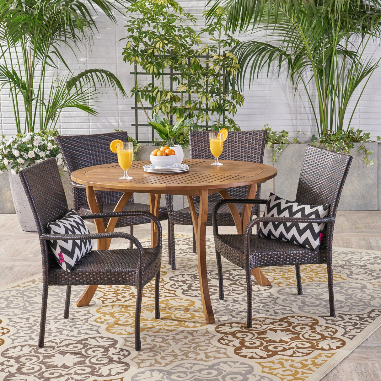 Collins Outdoor 5 Piece Acacia Wood and Wicker Dining Set by Christopher Knight Home