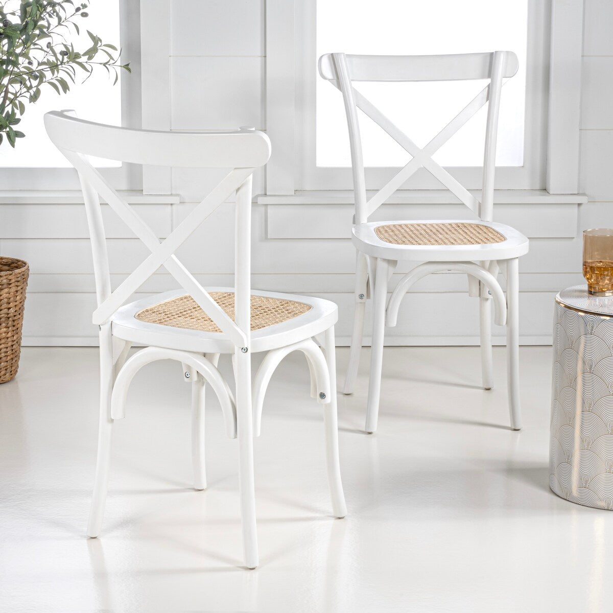 Colmar Classic Traditional X-Back Wood Rattan Dining Chair, Natural (Set of 2) by JONATHAN Y