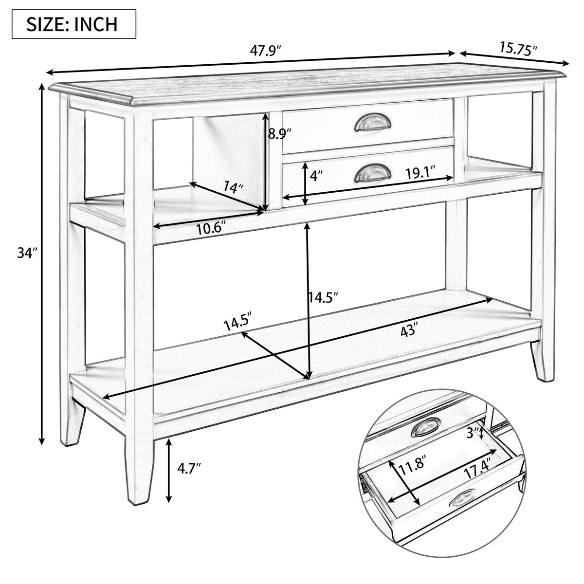 Modern White Console Table with 2 Drawers and Open Shelves