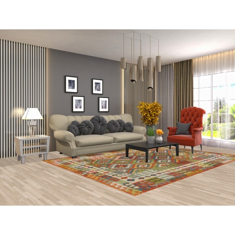 Colorful Kilim Area Rug Reversible Multi-Color Flat-weave Wool Carpet - 6'9" x 9'5"