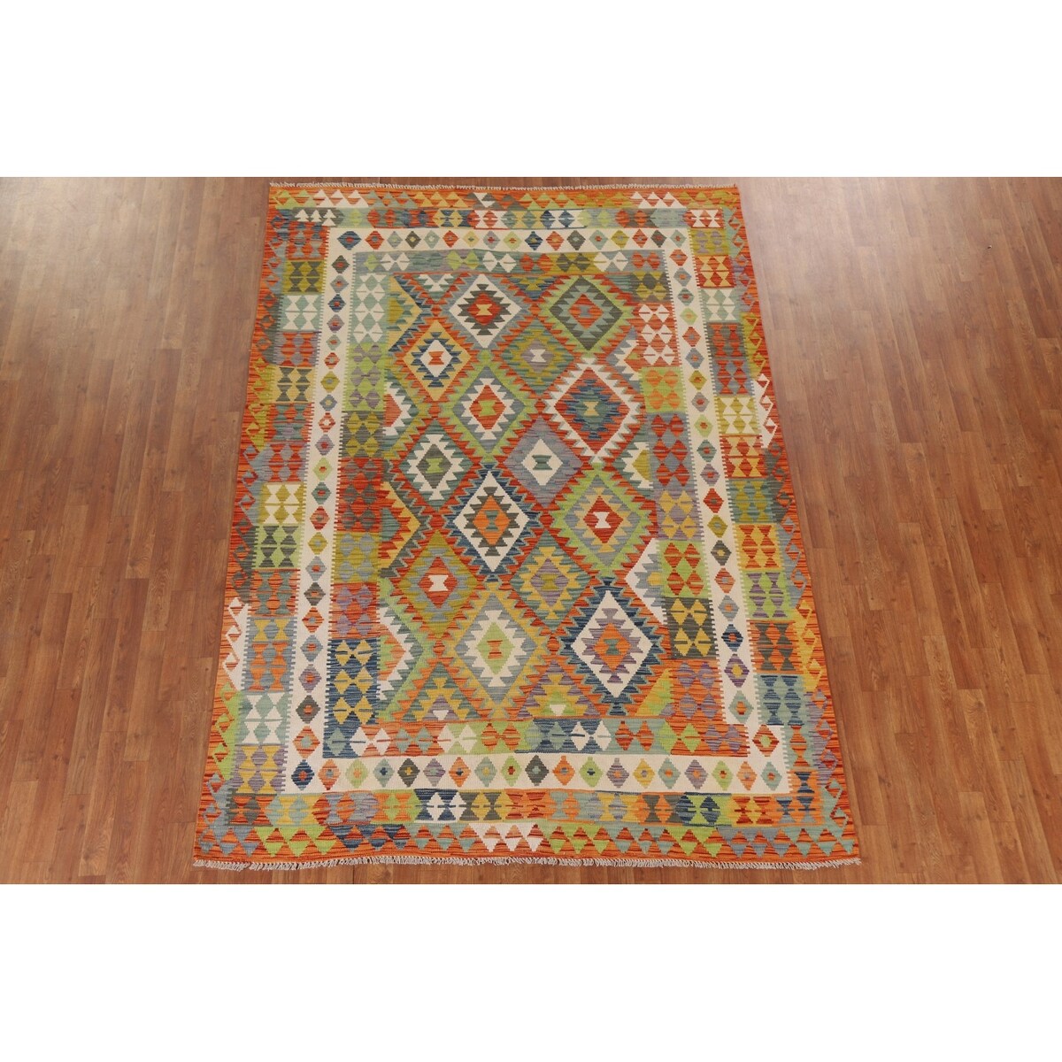 Colorful Kilim Area Rug Reversible Multi-Color Flat-weave Wool Carpet - 6'9" x 9'5"