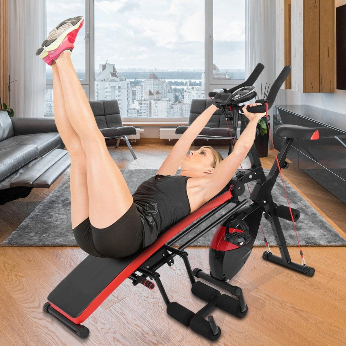 Combination Fitness Machine Upright Exercise Bike and Abdominal Trainers Push Ups Sit-up Workout Trainer