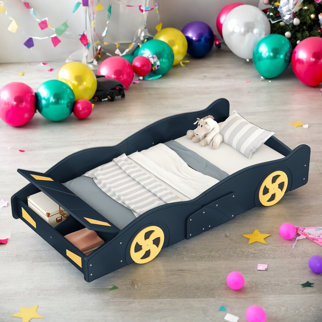 Comfortable Design Twin Size Race Car-Shaped Platform Bed Kids Bed with Wheels and Storage, Dark Blue+Yellow