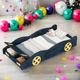 Comfortable Design Twin Size Race Car-Shaped Platform Bed Kids Bed with Wheels and Storage, Dark Blue+Yellow