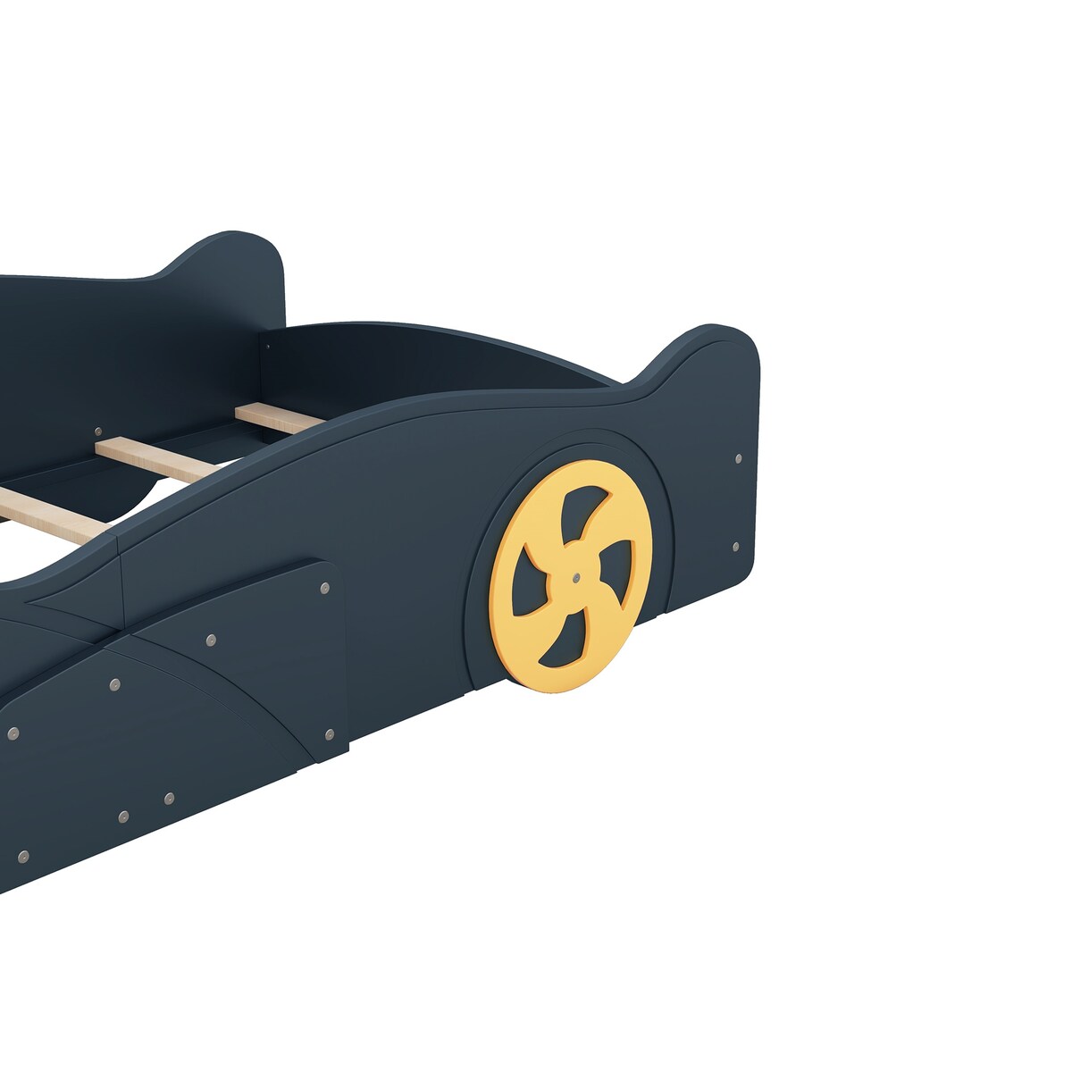 Comfortable Design Twin Size Race Car-Shaped Platform Bed Kids Bed with Wheels and Storage, Dark Blue+Yellow
