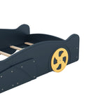 Comfortable Design Twin Size Race Car-Shaped Platform Bed Kids Bed with Wheels and Storage, Dark Blue+Yellow