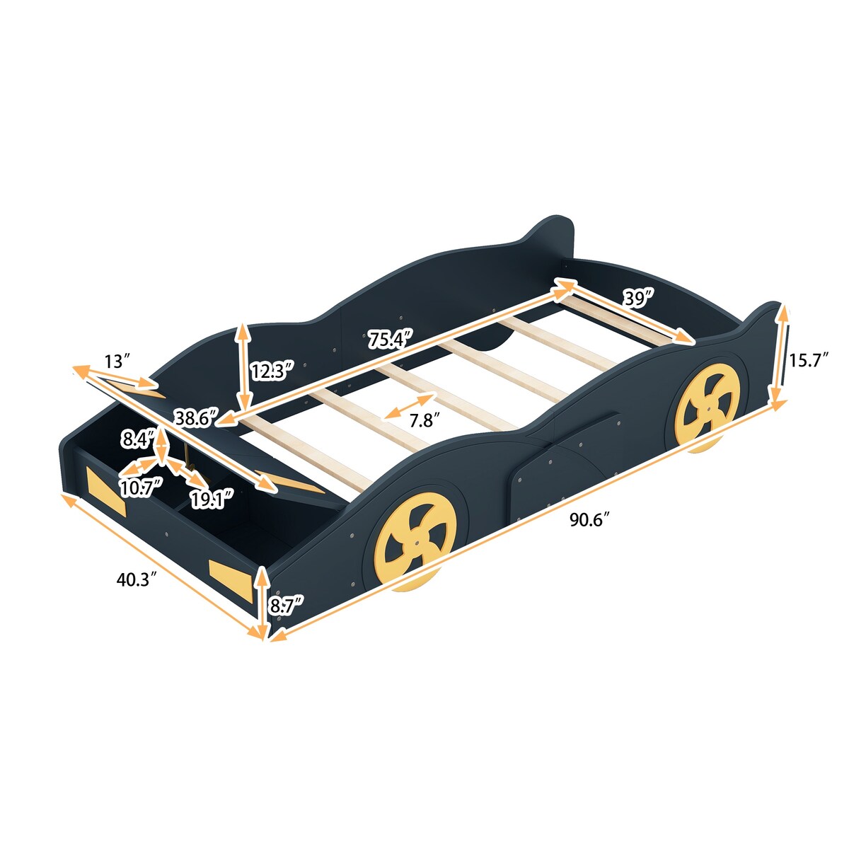 Comfortable Design Twin Size Race Car-Shaped Platform Bed Kids Bed with Wheels and Storage, Dark Blue+Yellow