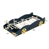 Comfortable Design Twin Size Race Car-Shaped Platform Bed Kids Bed with Wheels and Storage, Dark Blue+Yellow