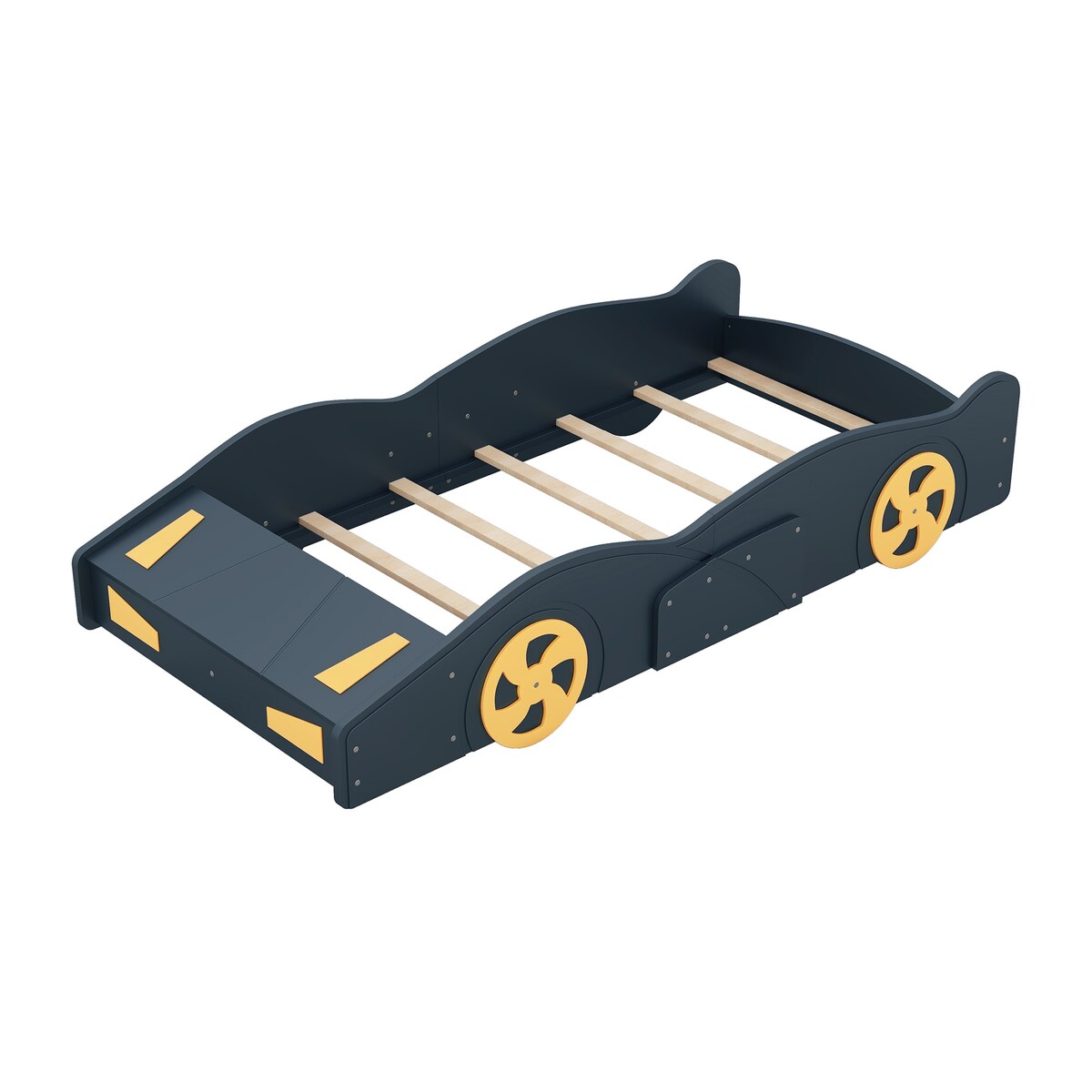 Comfortable Design Twin Size Race Car-Shaped Platform Bed Kids Bed with Wheels and Storage, Dark Blue+Yellow