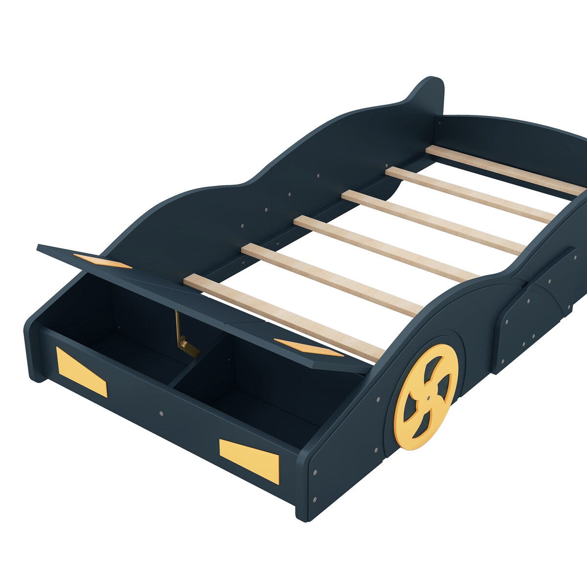 Comfortable Design Twin Size Race Car-Shaped Platform Bed Kids Bed with Wheels and Storage, Dark Blue+Yellow