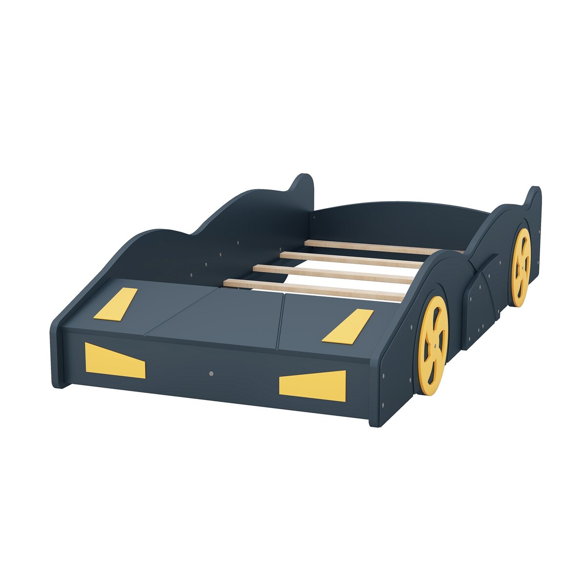 Comfortable Design Twin Size Race Car-Shaped Platform Bed Kids Bed with Wheels and Storage, Dark Blue+Yellow