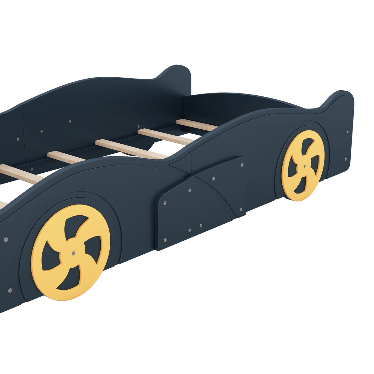 Comfortable Design Twin Size Race Car-Shaped Platform Bed Kids Bed with Wheels and Storage, Dark Blue+Yellow