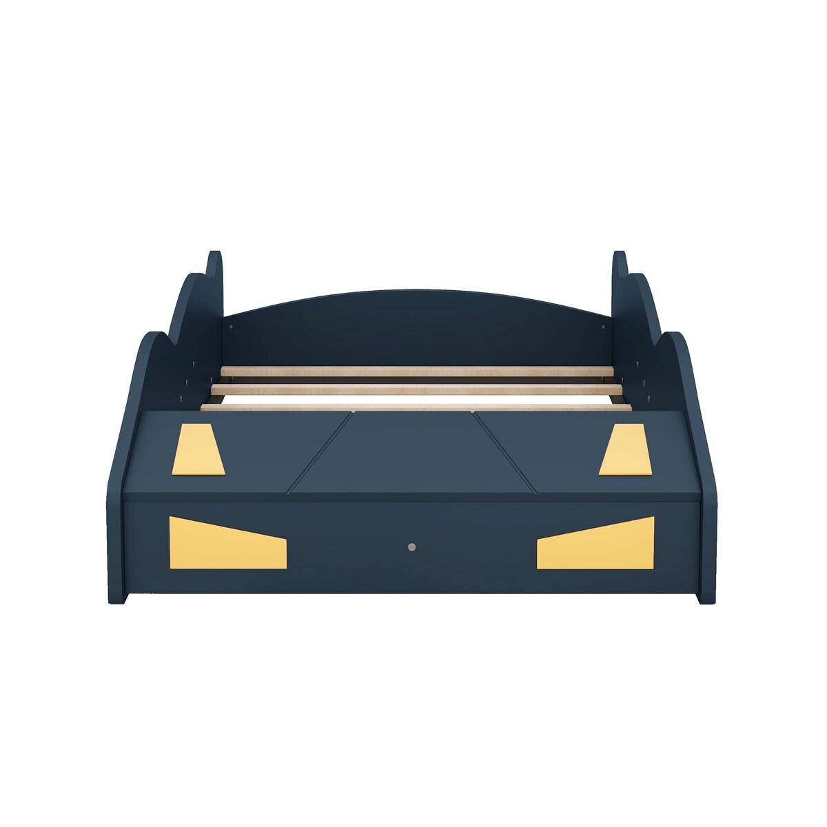 Comfortable Design Twin Size Race Car-Shaped Platform Bed Kids Bed with Wheels and Storage, Dark Blue+Yellow