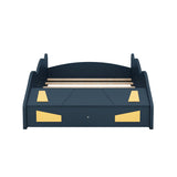 Comfortable Design Twin Size Race Car-Shaped Platform Bed Kids Bed with Wheels and Storage, Dark Blue+Yellow