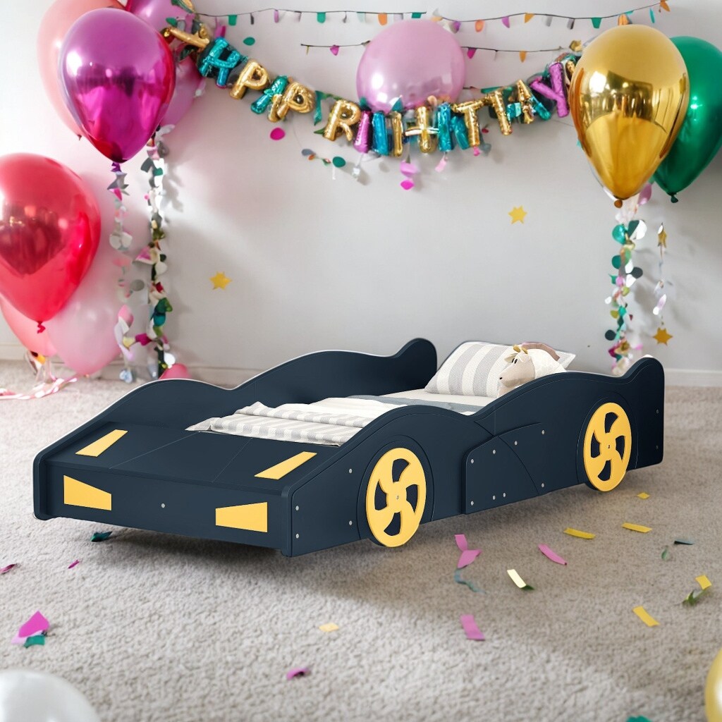 Comfortable Design Twin Size Race Car-Shaped Platform Bed Kids Bed with Wheels and Storage, Dark Blue+Yellow